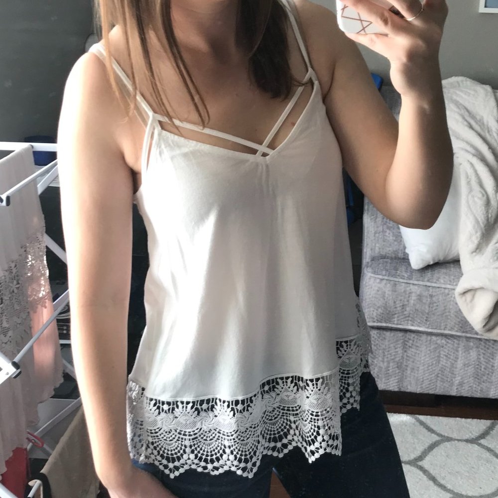 Express Lace-Bottom White Tank with Criss Cross Neck Detail
